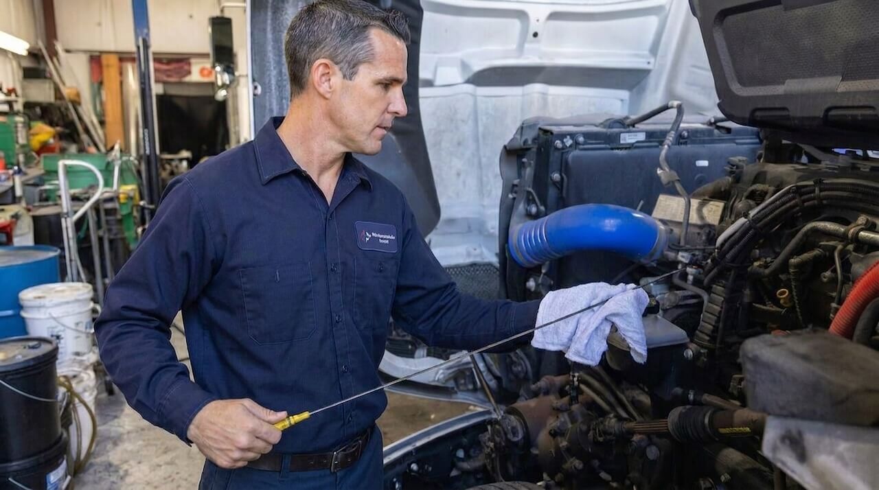 Oil change in South Florida with fresh motor oil poured into a heavy-duty engine bay.